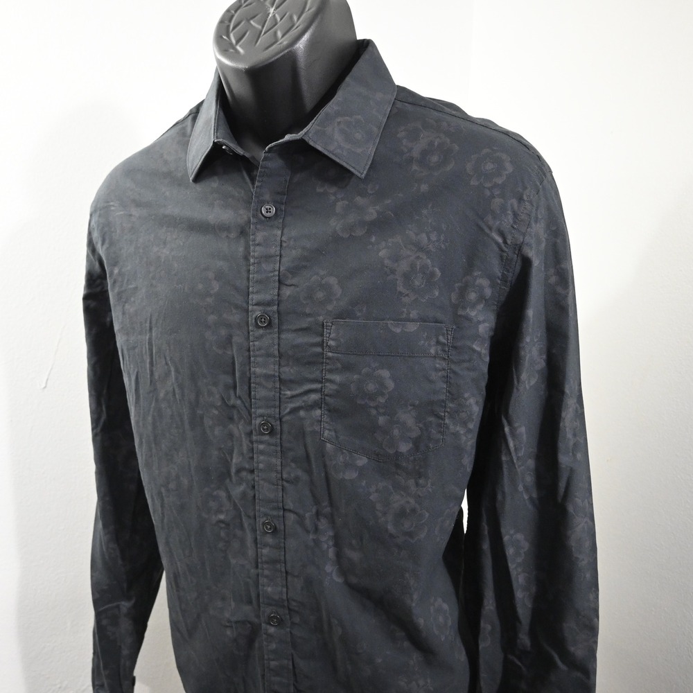Express Button Down Mens L Black Floral Tonal Long Sleeve‎ Chest Pocket